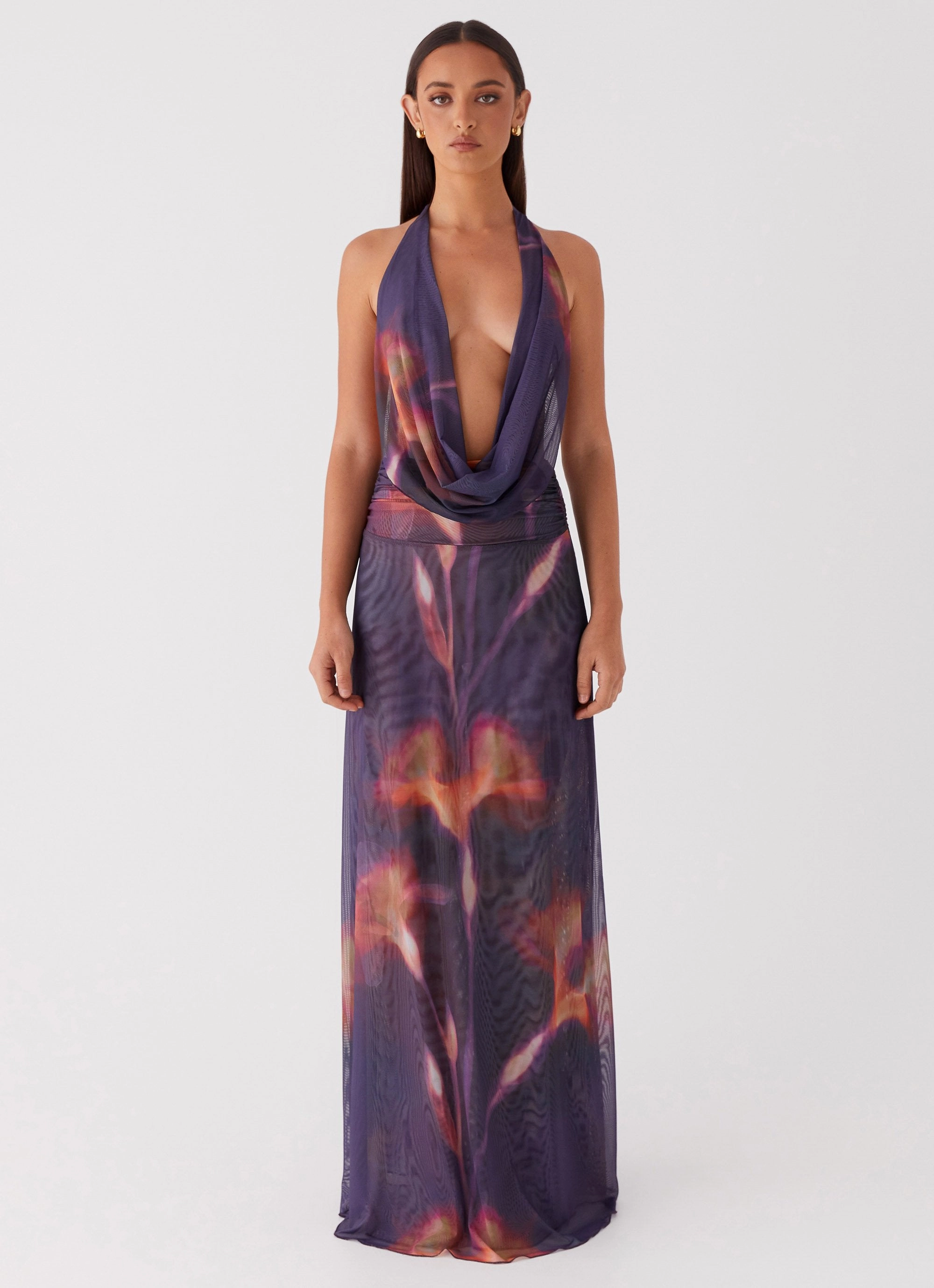 Elysia Mesh Maxi Dress - Midnight Bloom Relaxed Waist Korean Trend