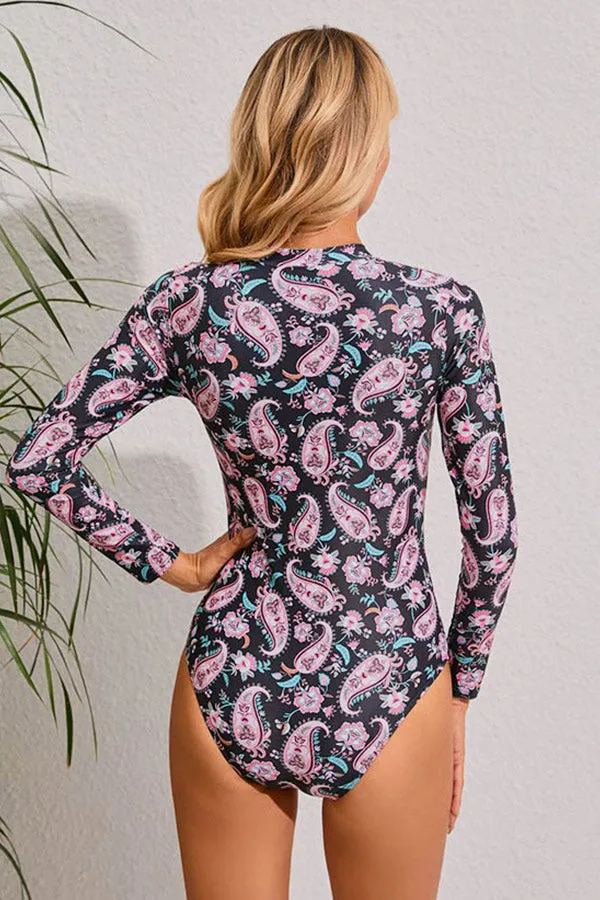 Paisley Black Bottom Printed One Piece Swimsuit Long Sleeve UPF50  Rash Guard