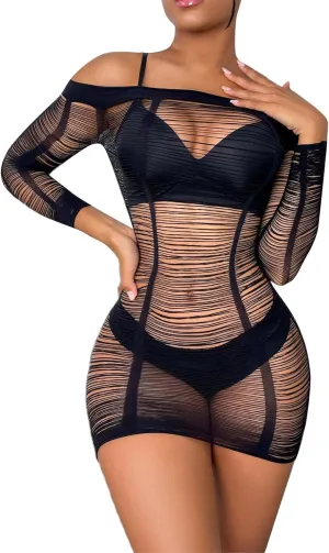 Pajamas Ladies' Sexy Silk Stockings Jacquard Mesh Hanging Neck Lace Backless Lingerie Set High Waist Bodysuit