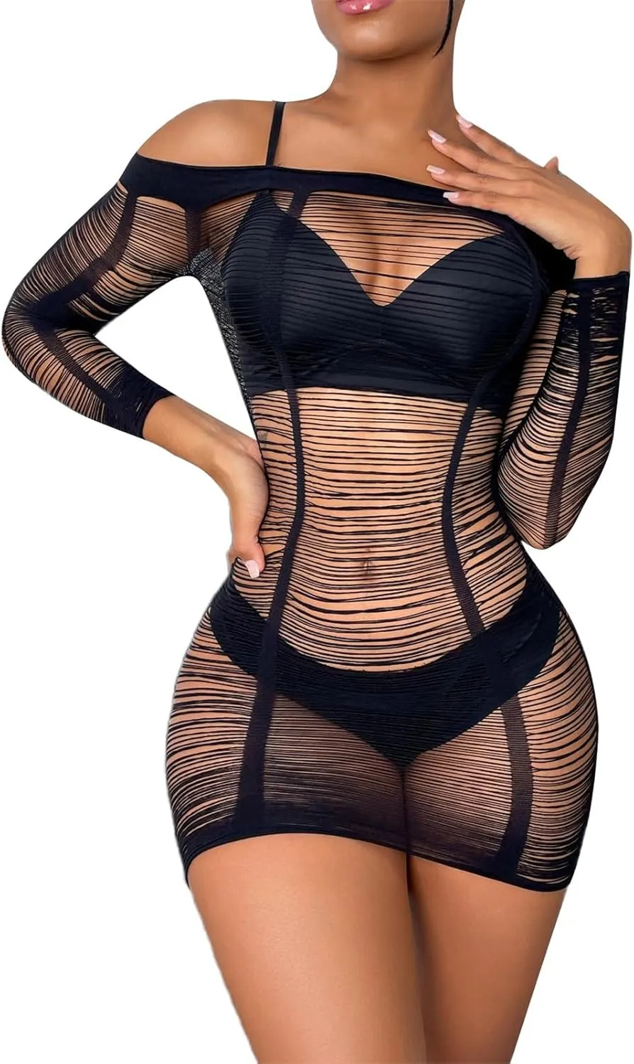 Pajamas Ladies' Sexy Silk Stockings Jacquard Mesh Hanging Neck Lace Backless Lingerie Set High Waist Bodysuit
