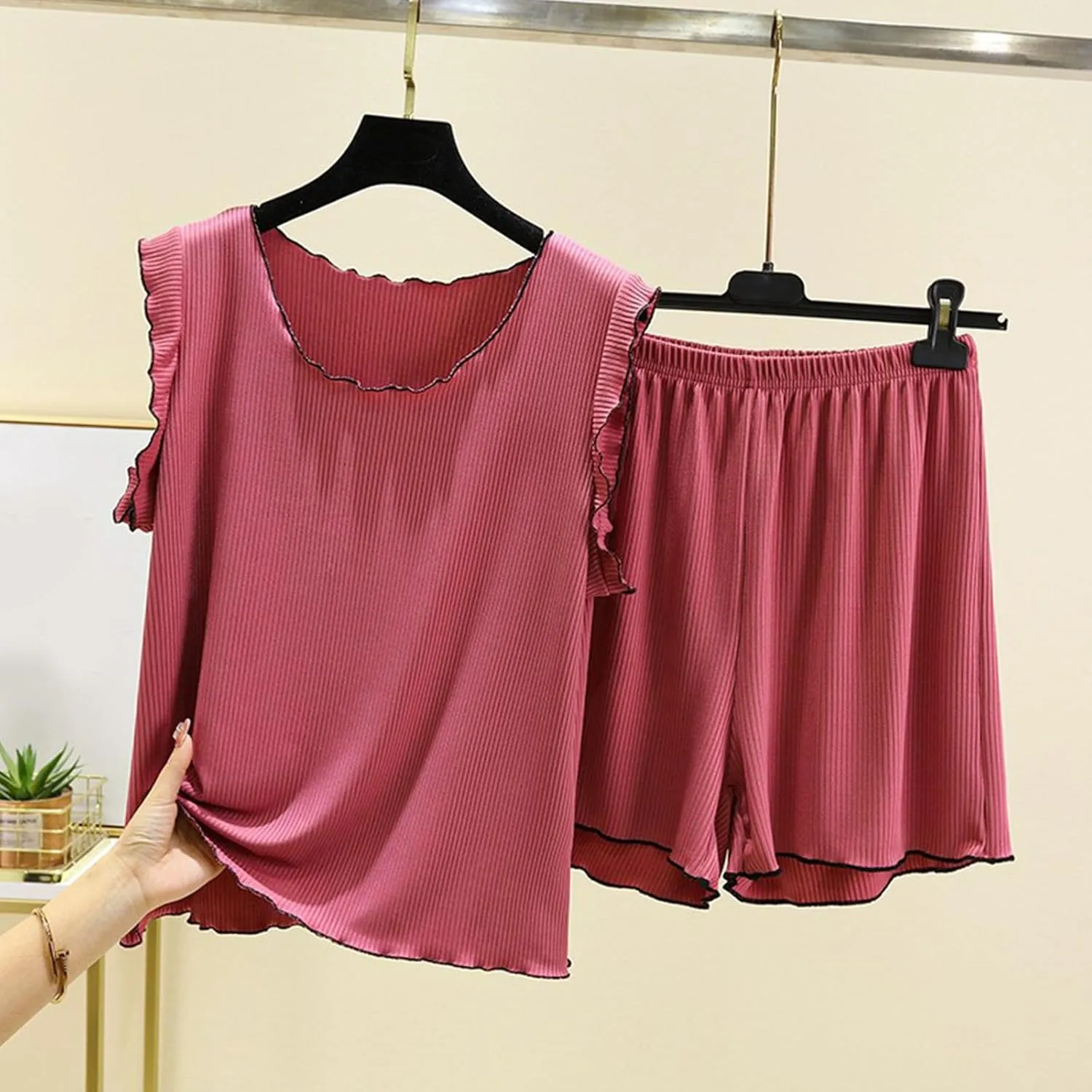 Pajamas Sets for Women Cotton Knit Sleepwear Soft Sleeveless Tops and Sleep Shorts Pjs Loose Fit Casual Lounge Sets