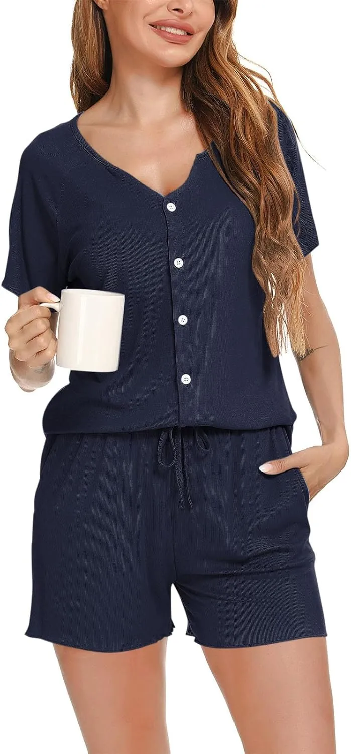 Pajamas Sets for Women Ribbed Knit Sleepwear Soft Short Sleeve V Neck Pjs Drawstring Shorts Casual Lounge Set Pocket