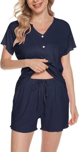 Pajamas Sets for Women Ribbed Knit Sleepwear Soft Short Sleeve V Neck Pjs Drawstring Shorts Casual Lounge Set Pocket