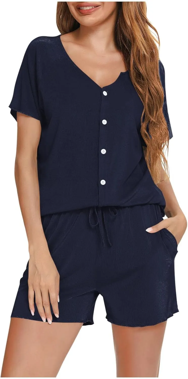Pajamas Sets for Women Ribbed Knit Sleepwear Soft Short Sleeve V Neck Pjs Drawstring Shorts Casual Lounge Set Pocket