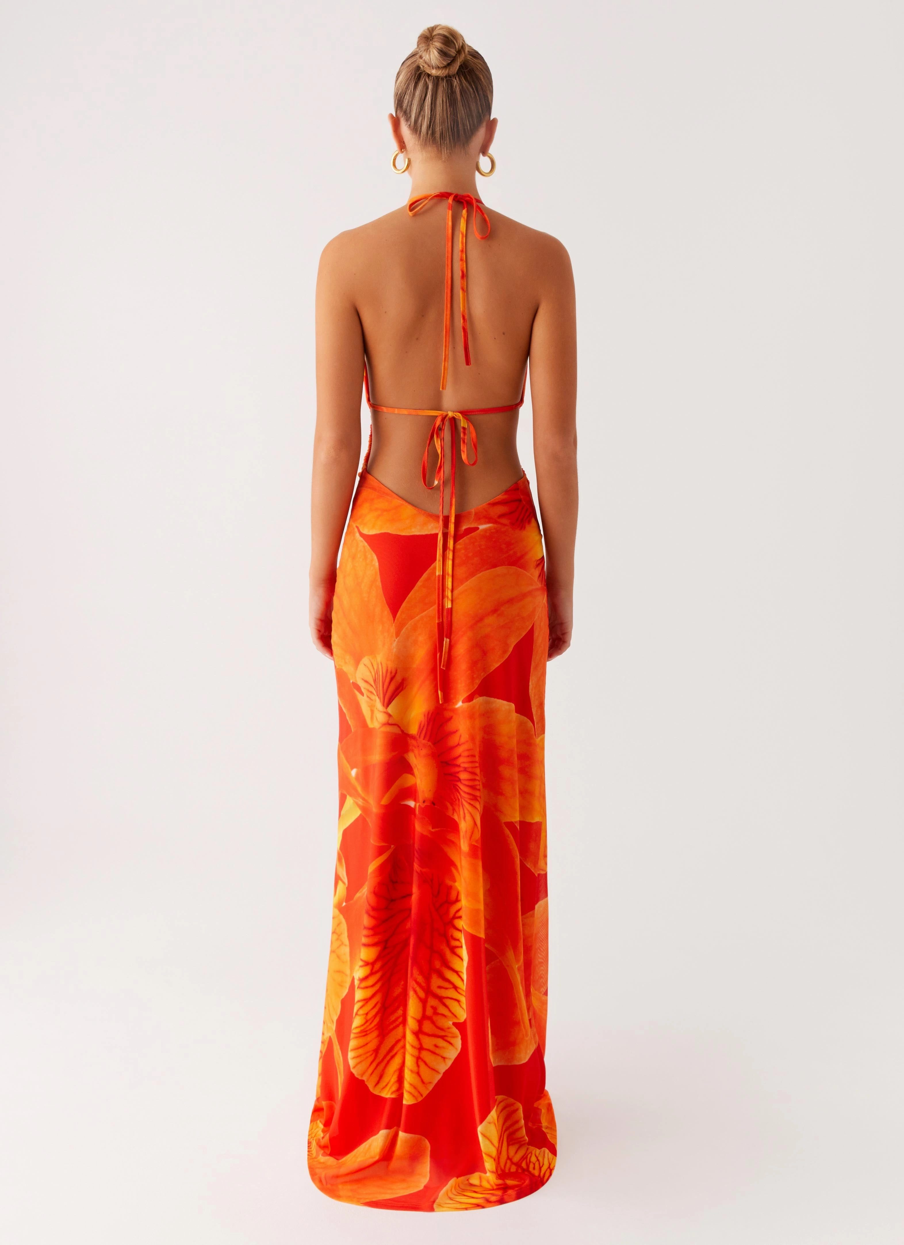 Smooth Flow Basic Warm Palawan Mesh Maxi Dress - Orange Floral