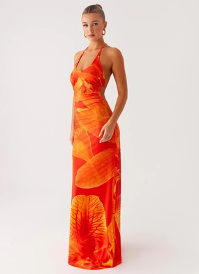 Palawan Mesh Maxi Dress - Orange Floral Smart Shape Belted-Style