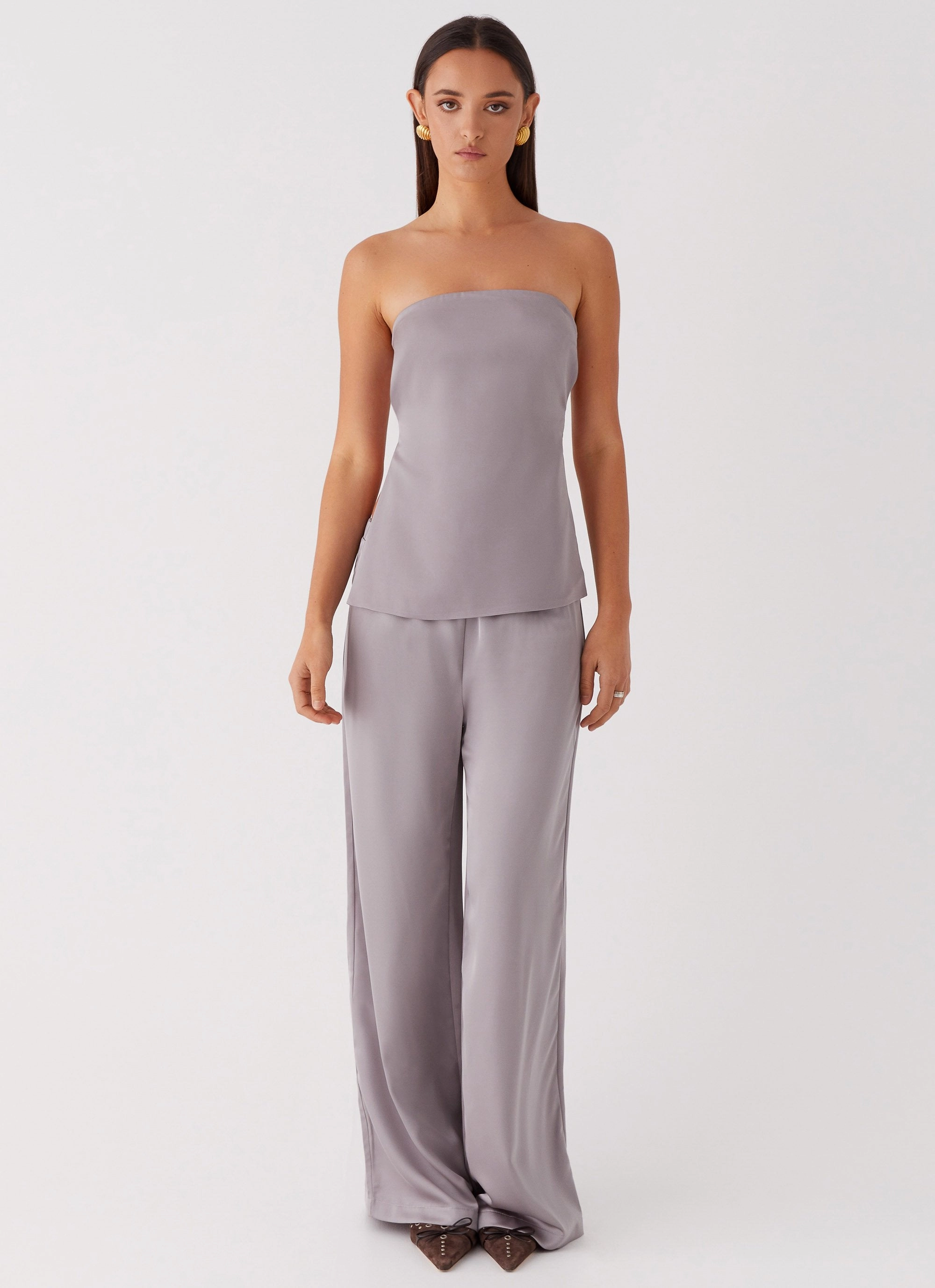 Reinforced Stitching Basic Look Palm Cove Satin Pants - Grey