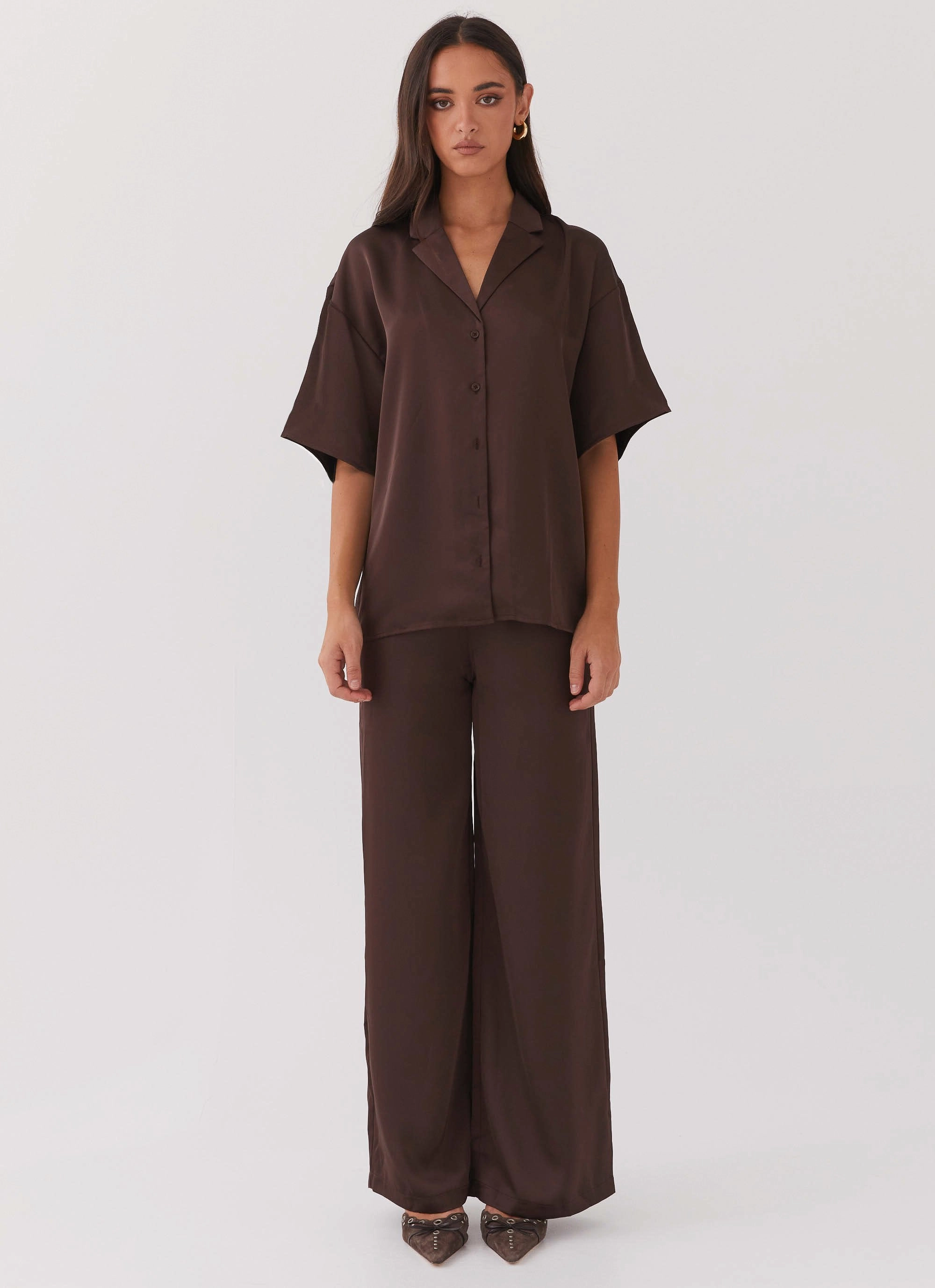 Anti Slip Cuffs Palm Cove Satin Shirt - Chocolate