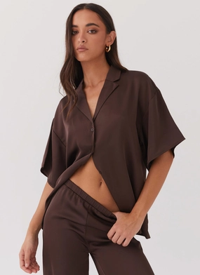 Flexible Waistband Palm Cove Satin Shirt - Chocolate