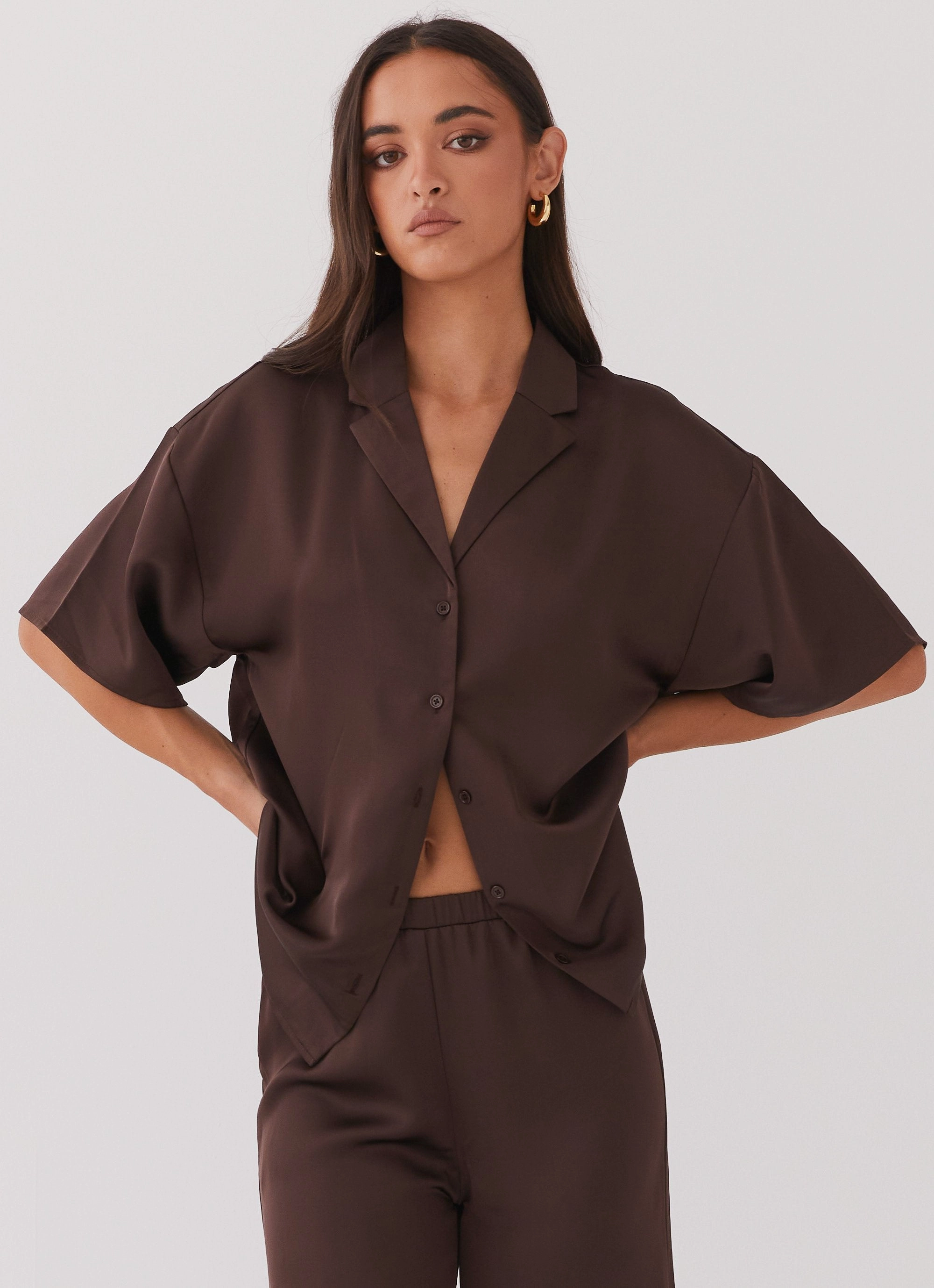 Multi Layer Option Multipurpose Layering Palm Cove Satin Shirt - Chocolate