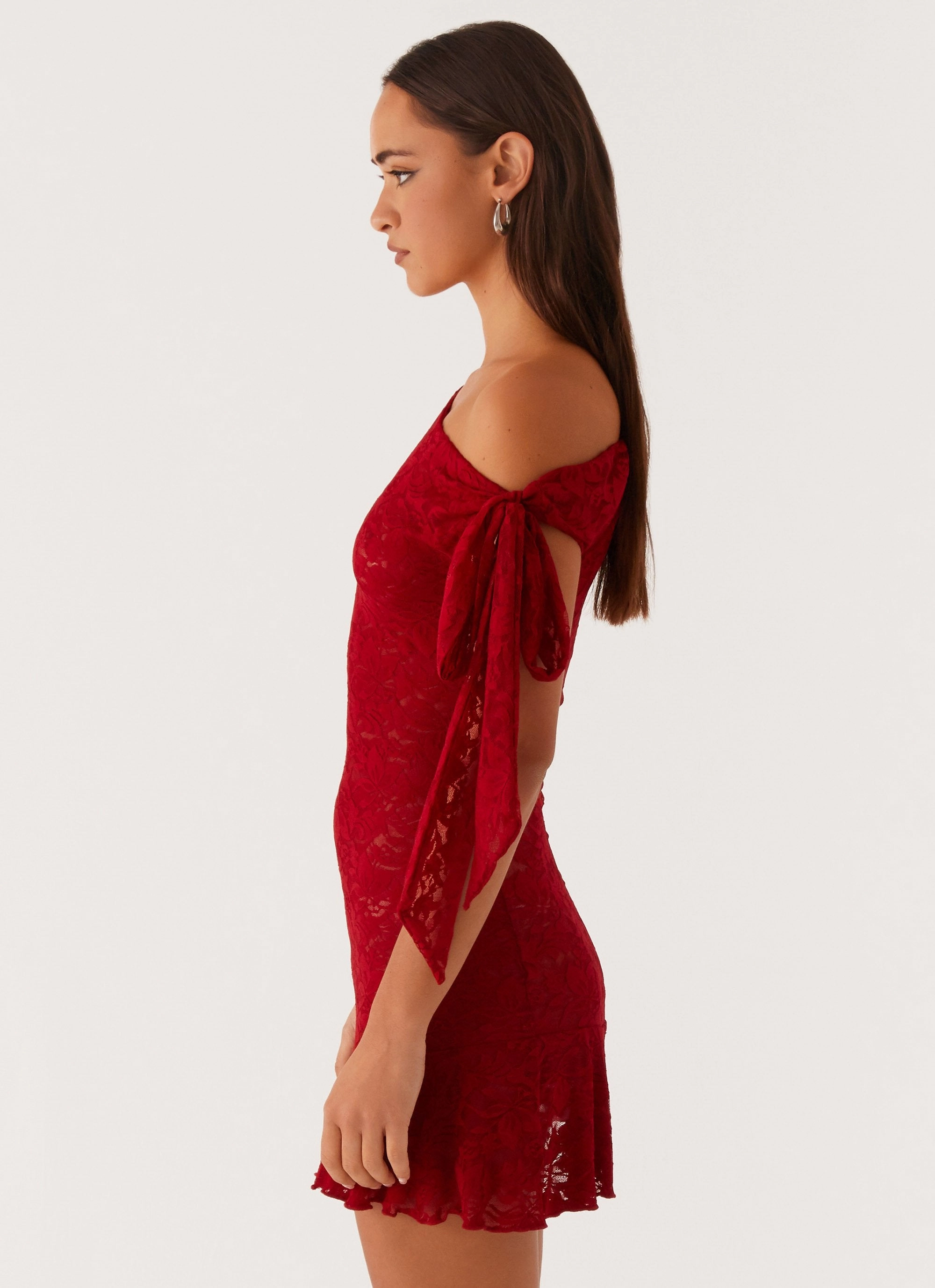 Coral Soft Palm House Lace Mini Dress - Red