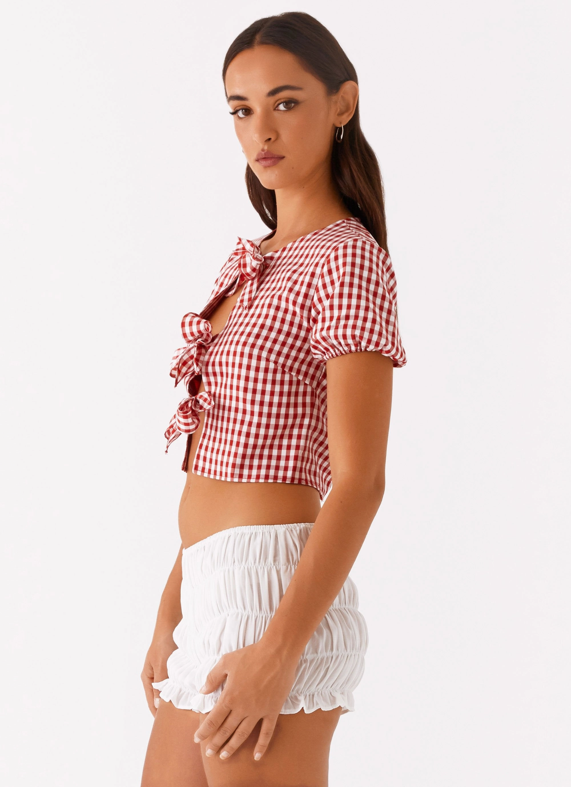 Pandora Blouse - Red Gingham Quick Access Slit Hybrid Fabric Blend