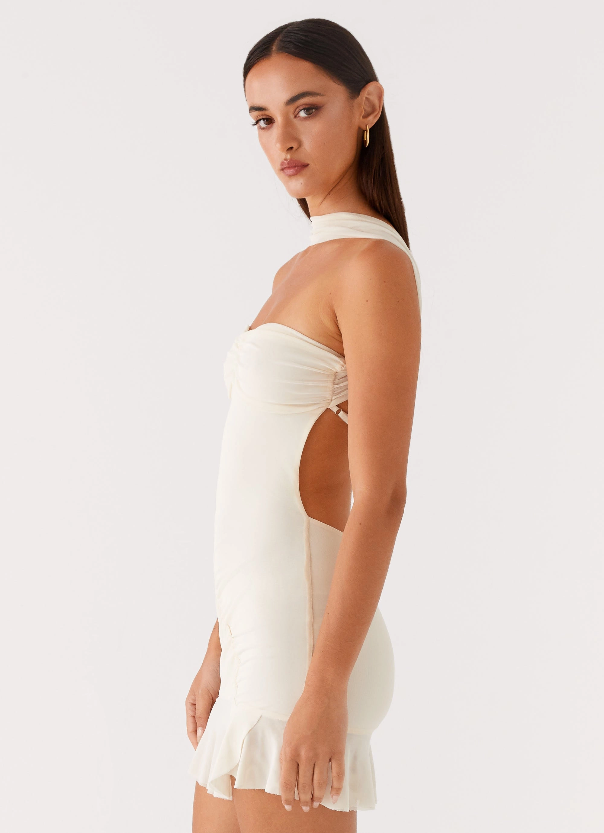 Pari Open Back Mini Dress - Ivory Satin Fabric