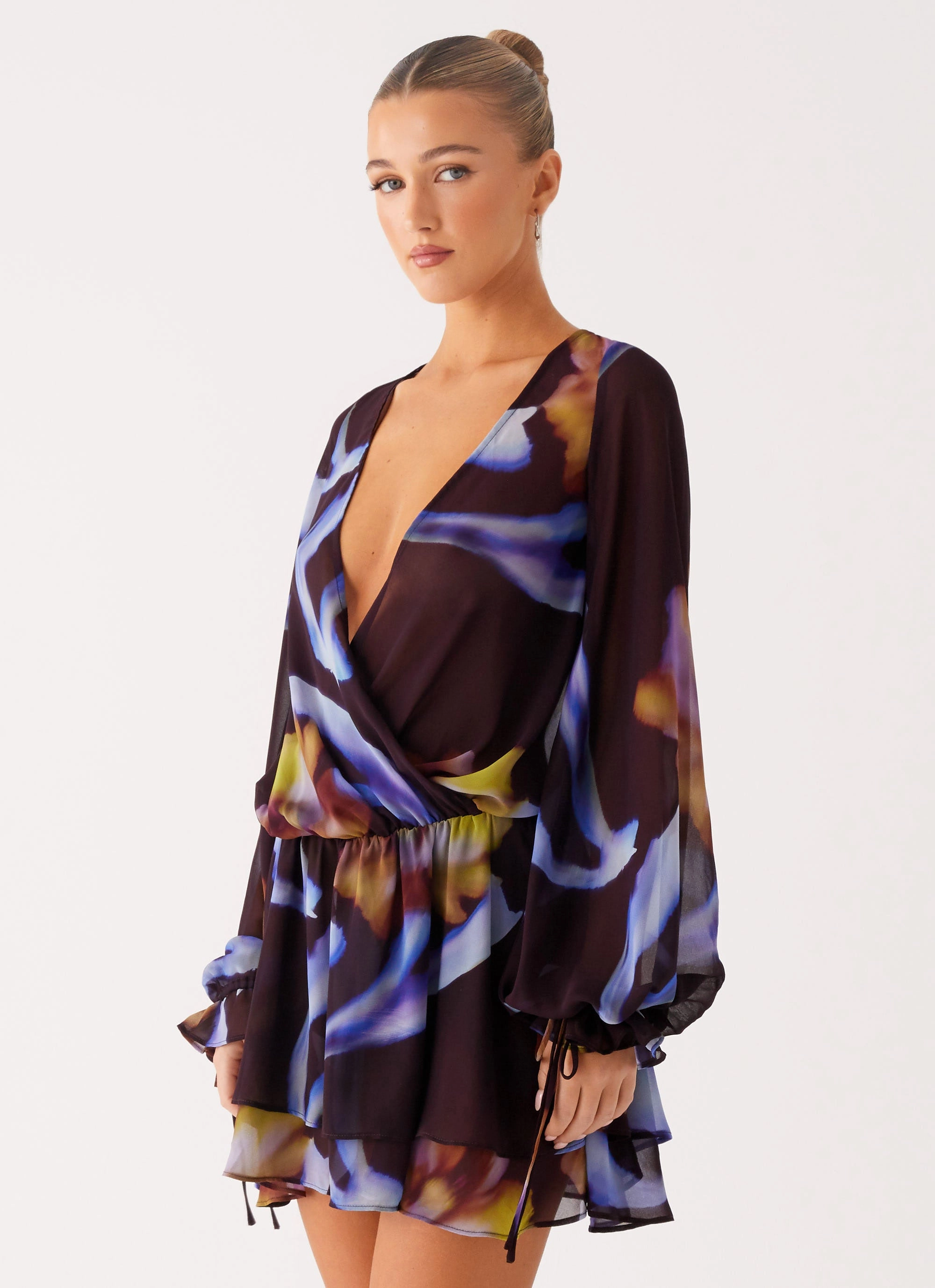 Outfit Boost Satin Fabric Passion Long Sleeve Mini Dress - Dark Floral