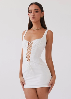 Side Ruching Romantic Soft Casey Lace Up Mini Dress - White