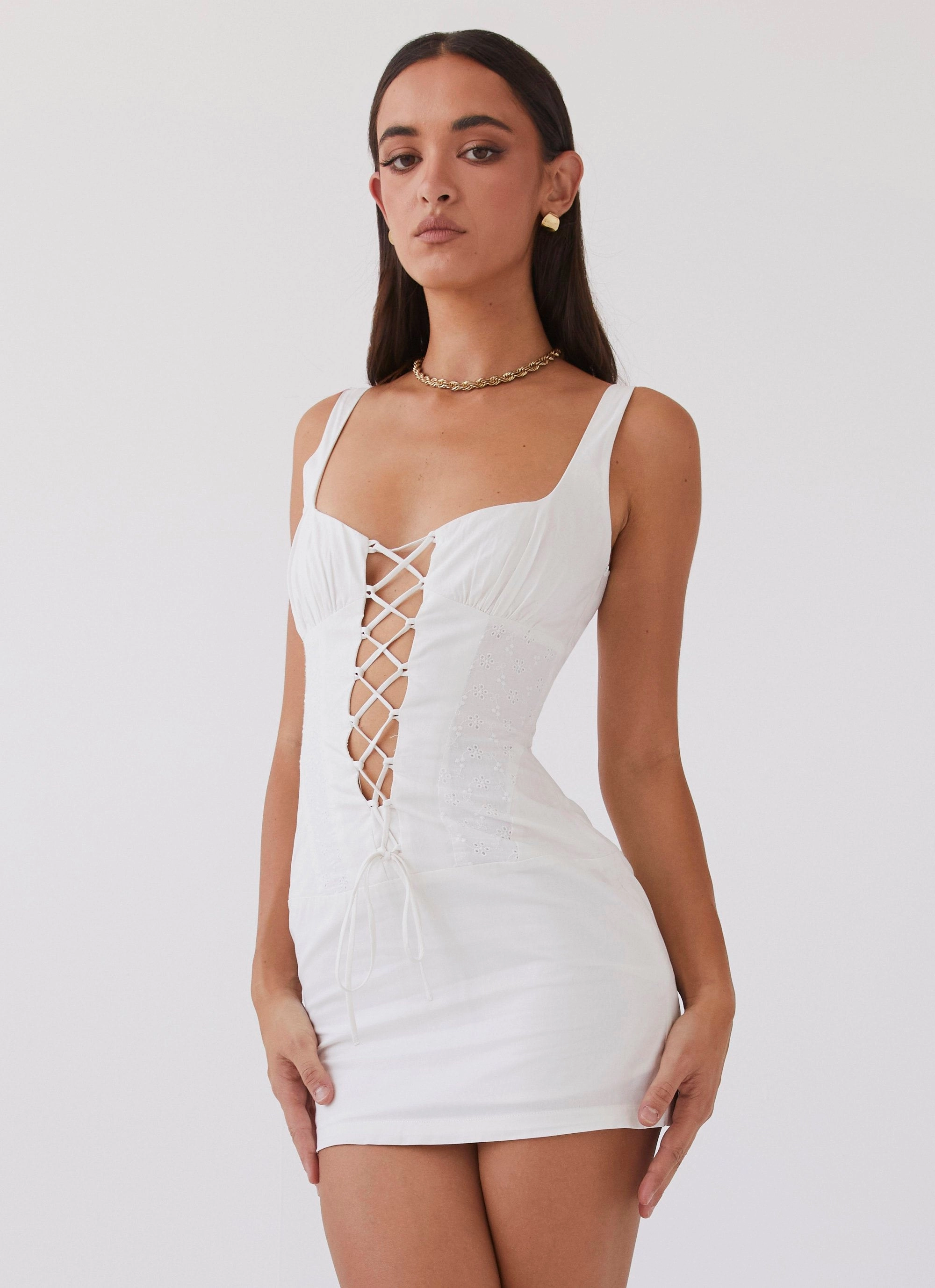 Side Ruching Romantic Soft Casey Lace Up Mini Dress - White