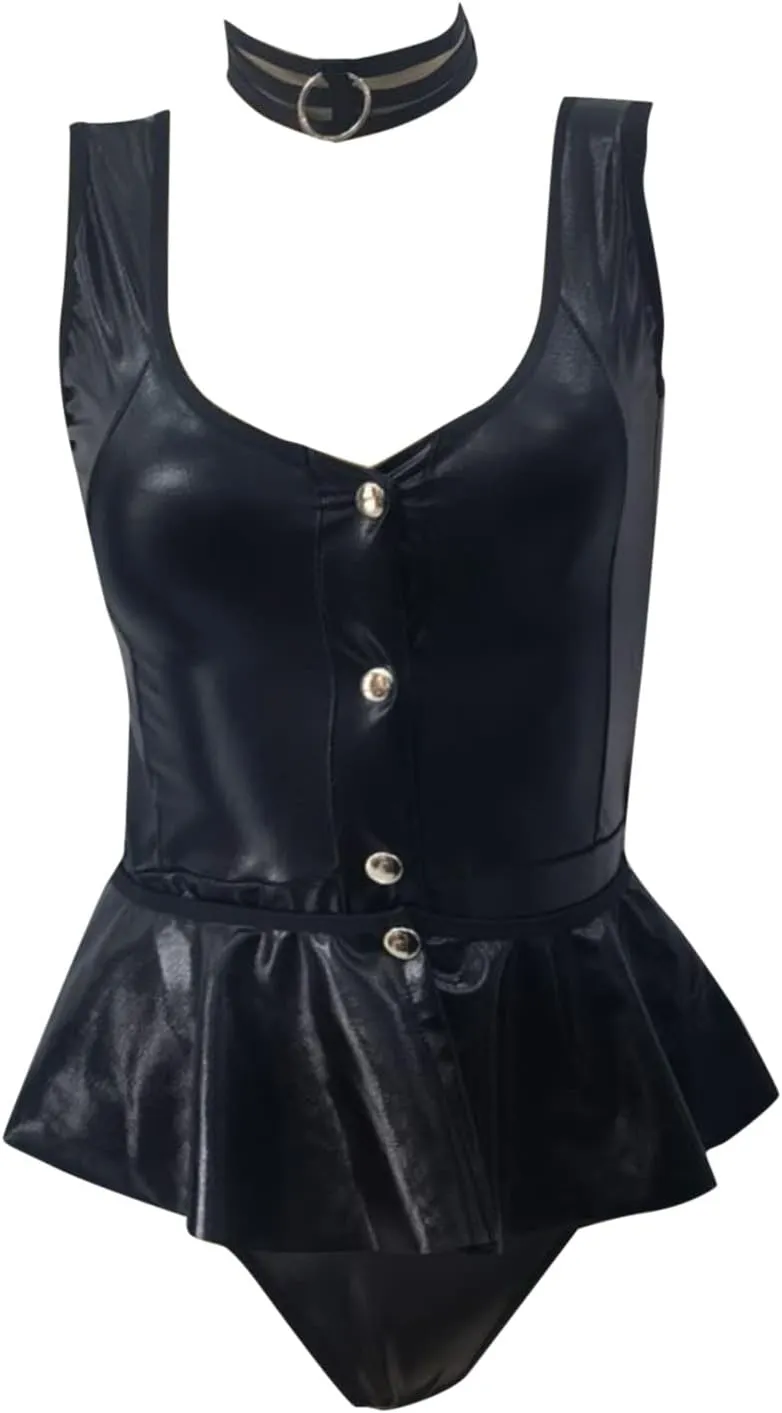 Patent Leather Womens Lingerie Set Mesh Chemise Nightie Lace Sleepwear Sheer Nightwear Kinky Dress for Sex Play Teddy
