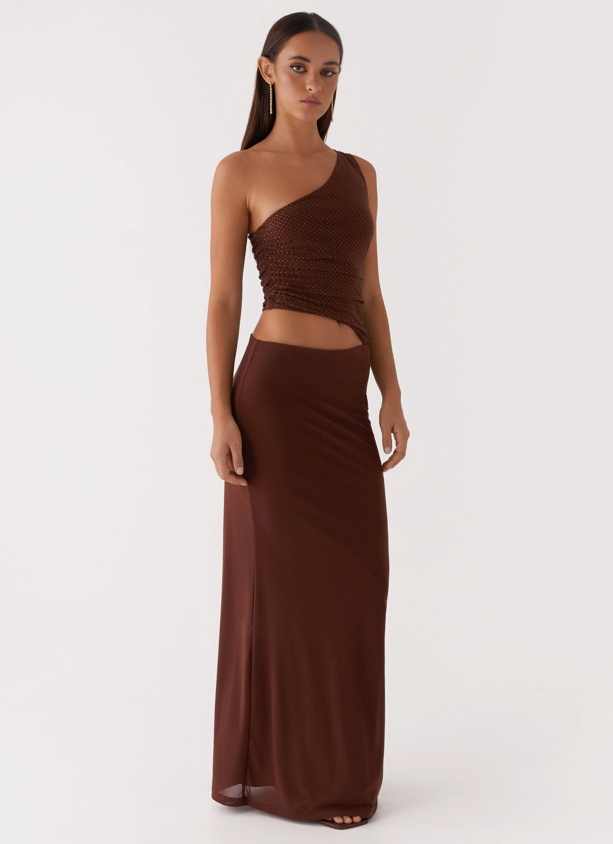 Skin Tone Evening Vibe Seranella Sequin One Shoulder Maxi Dress - Chocolate