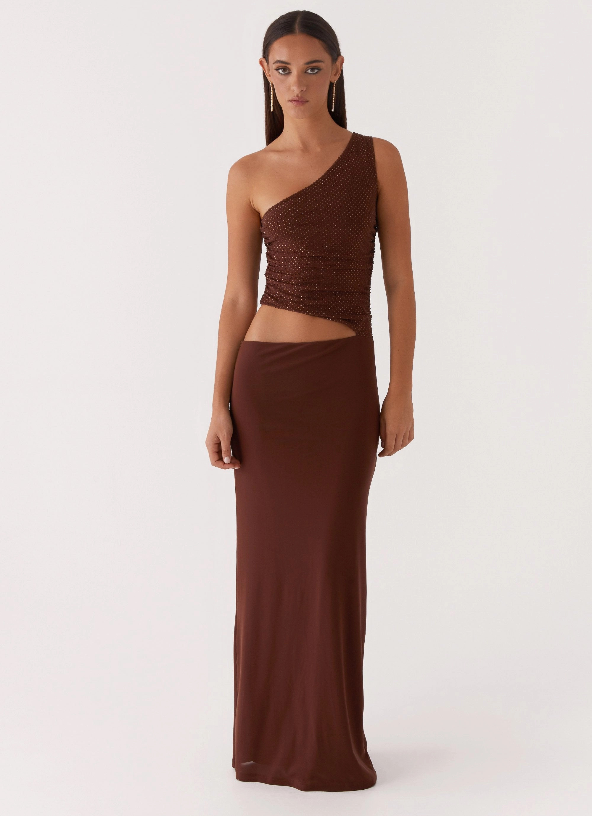 Dual Tones Weekend Fresh Seranella Sequin One Shoulder Maxi Dress - Chocolate