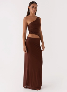 Skin Tone Evening Vibe Seranella Sequin One Shoulder Maxi Dress - Chocolate