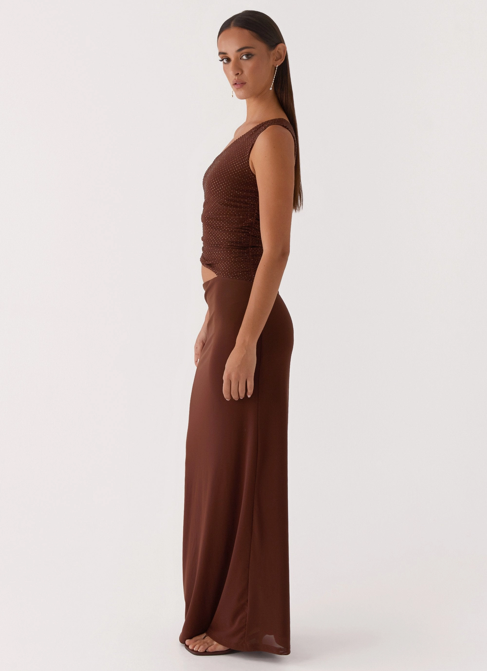 Seranella Sequin One Shoulder Maxi Dress - Chocolate Raw-Hem