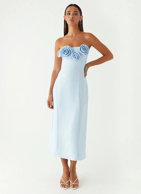 Patsie Strapless Midi Dress - Blue Asymmetrical hem