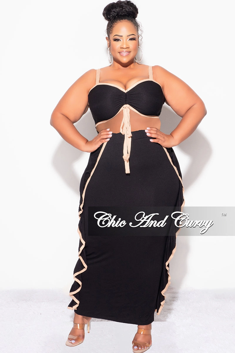 Final Sale Plus Size 2pc Crop Top and Ruffle Skirt Set in Black and Mocha Outdoor Adventure