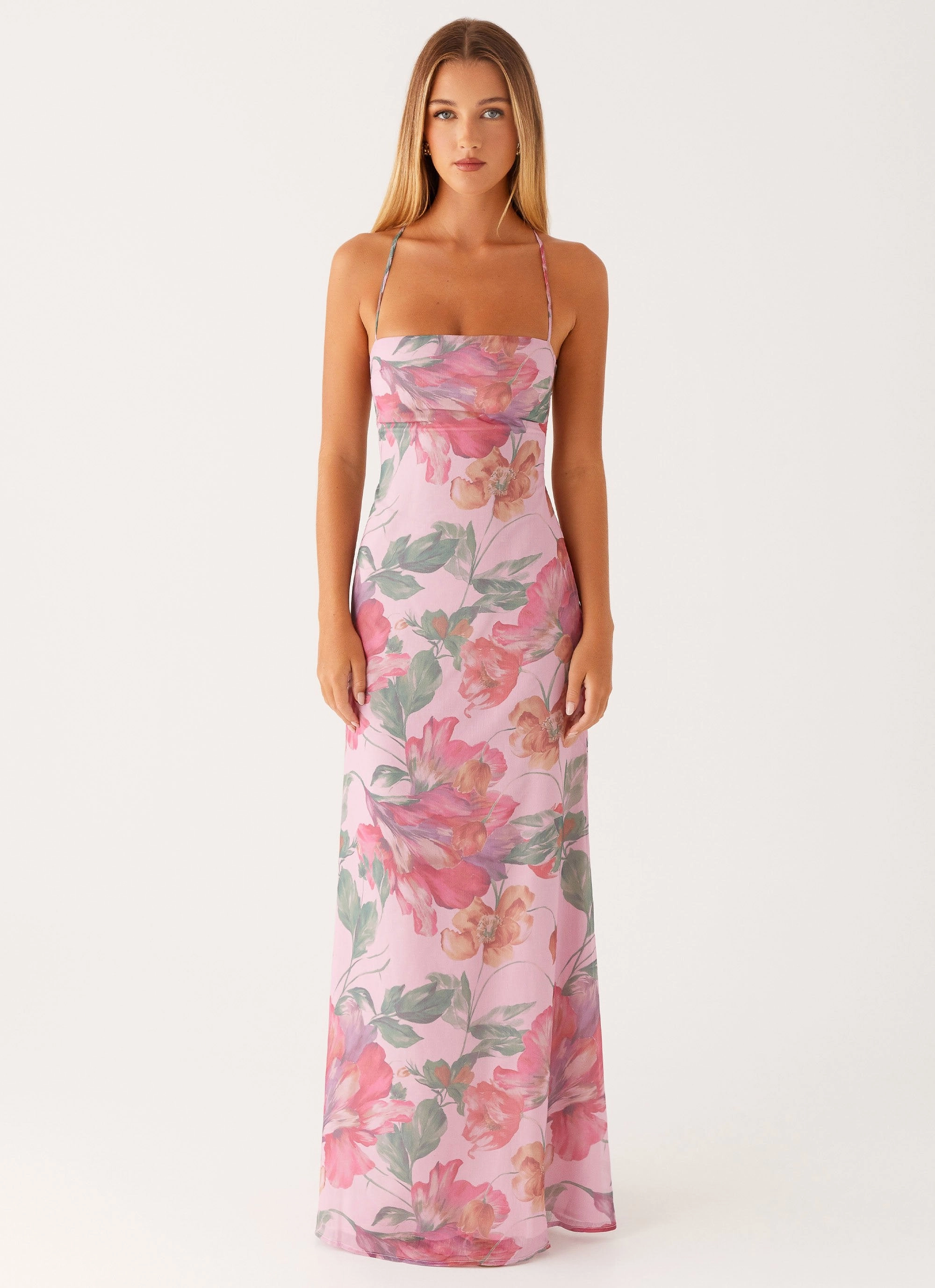 Peggy Maxi Dress - Pink Floral Chic Waistband Design