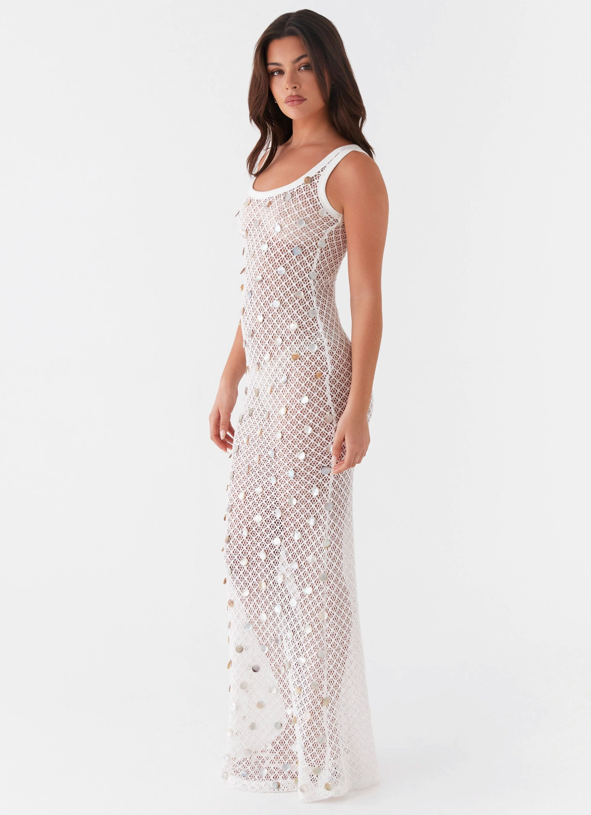 Summer Ready Rhinestone-Detail Penida Shell Knit Maxi Dress - White
