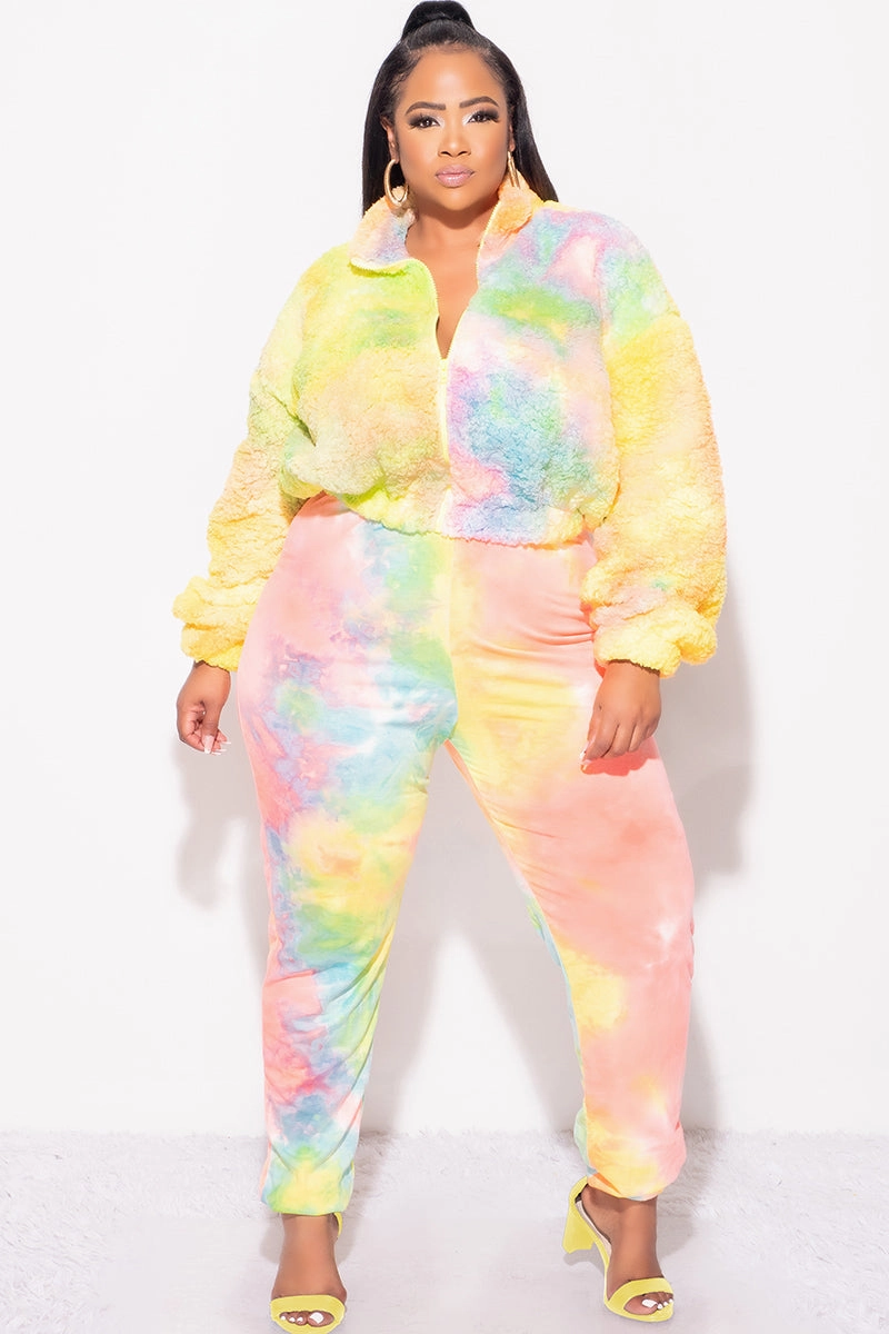 Elastic Fit Final Sale Plus Size 2pc Set Fleece Jacket & Legging in Pastel Rainbow