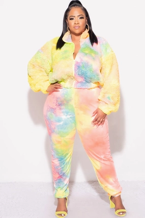 Final Sale Plus Size 2pc Set Fleece Jacket & Legging in Pastel Rainbow Minimal Cut