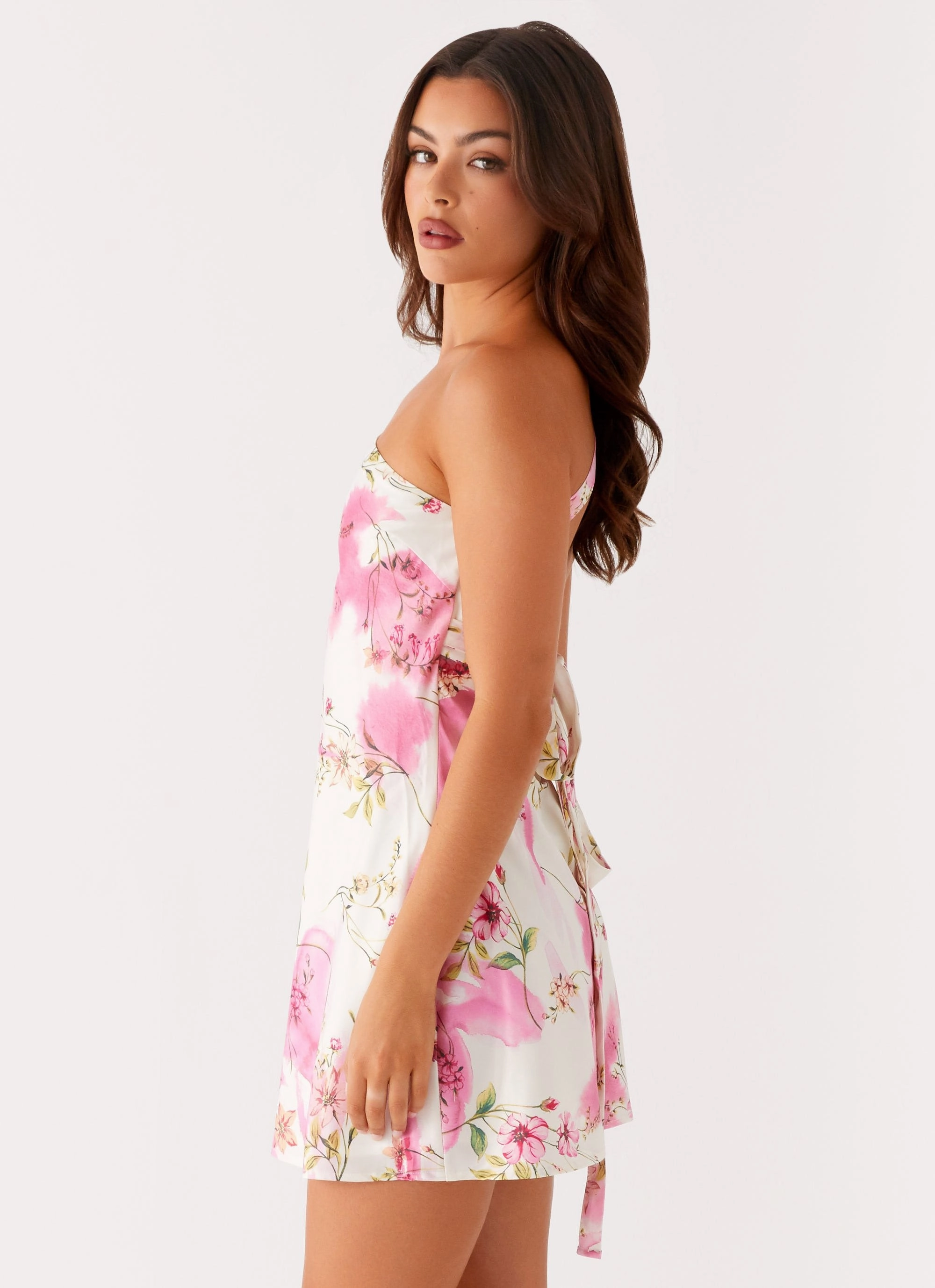 Wide Hemline Urban Minimalism Lights Out Mini Dress - Ivory Floral Print
