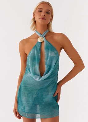 Earthy Hue Bare Glow Oceans Away Deep Cowl Mini Dress - Green Tie Dye