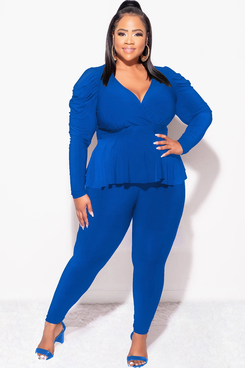 Final Sale Plus Size Faux Wrap Peplum Top and Pants Set in Royal Blue Urban Comfort Detachable belt