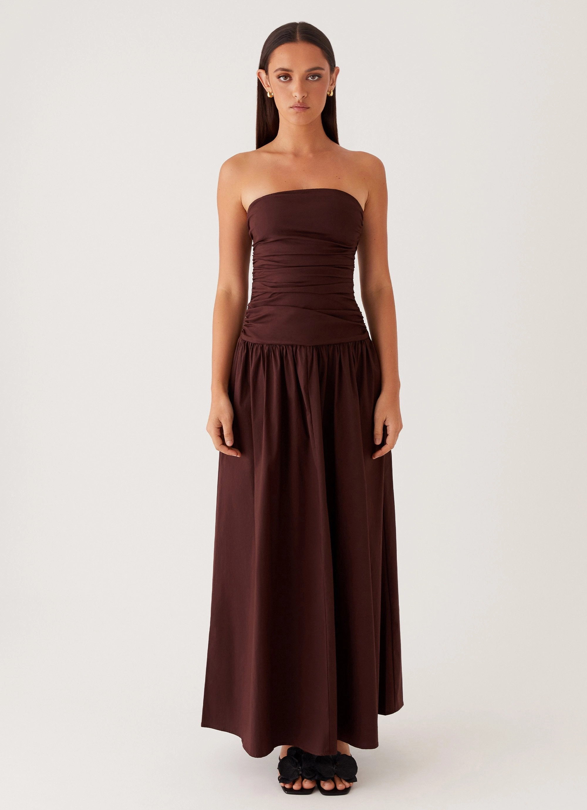 Fold-Over-Detail Straight-Cut Carmel Maxi Dress - Brown