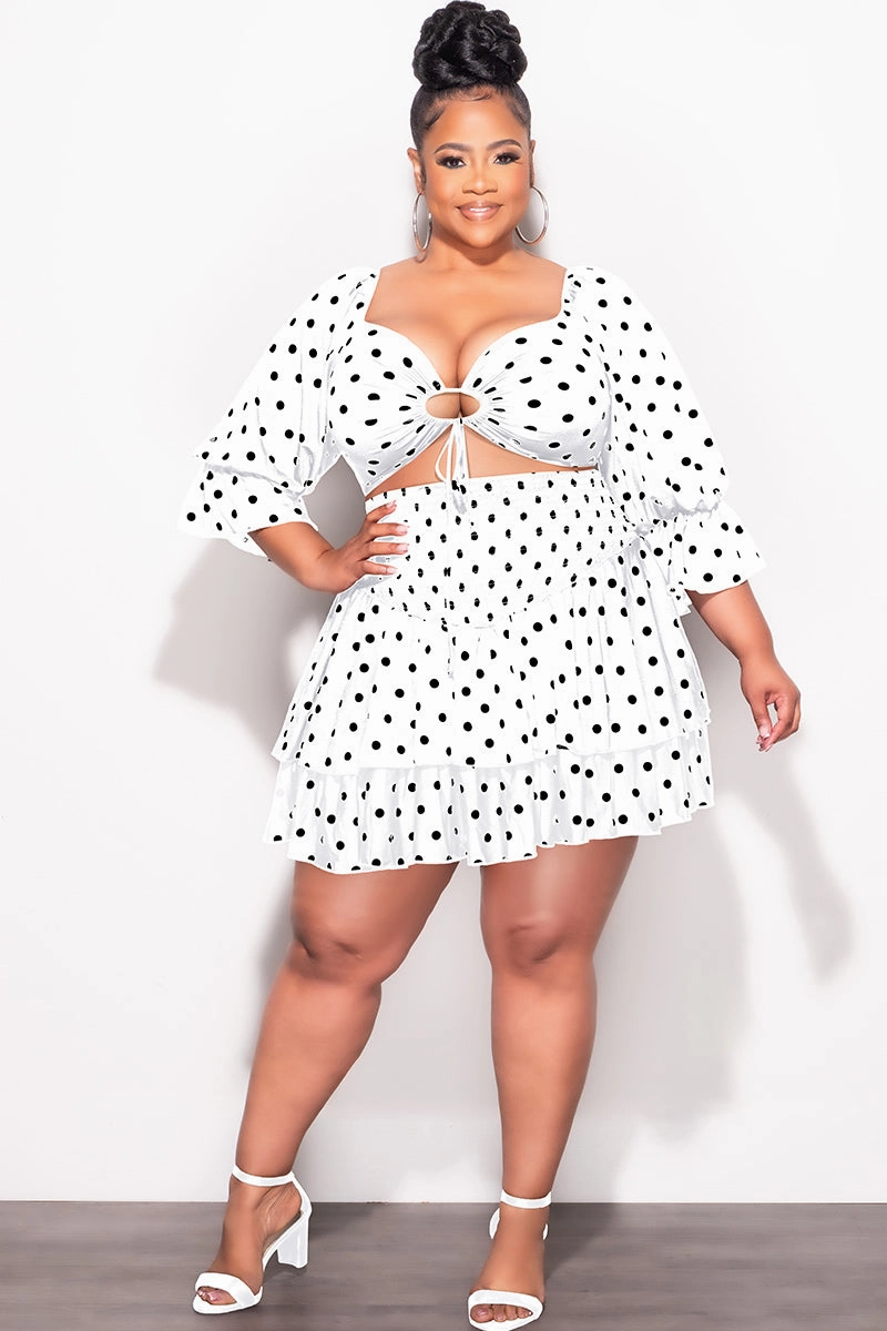 Final Sale Plus Size 2pc Set Off the Shoulder Crop Tie Top and Ruffle Layered Hem Mini Skirt in White with Black Polka Dot Comfortable Leg