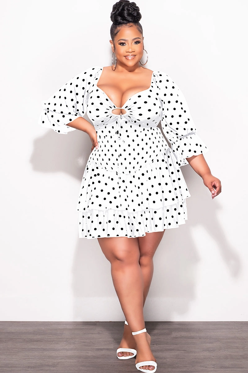 Stretch Ready Final Sale Plus Size 2pc Set Off the Shoulder Crop Tie Top and Ruffle Layered Hem Mini Skirt in White with Black Polka Dot