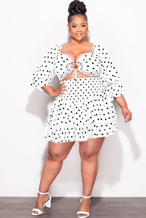 Final Sale Plus Size 2pc Set Off the Shoulder Crop Tie Top and Ruffle Layered Hem Mini Skirt in White with Black Polka Dot Comfortable Leg