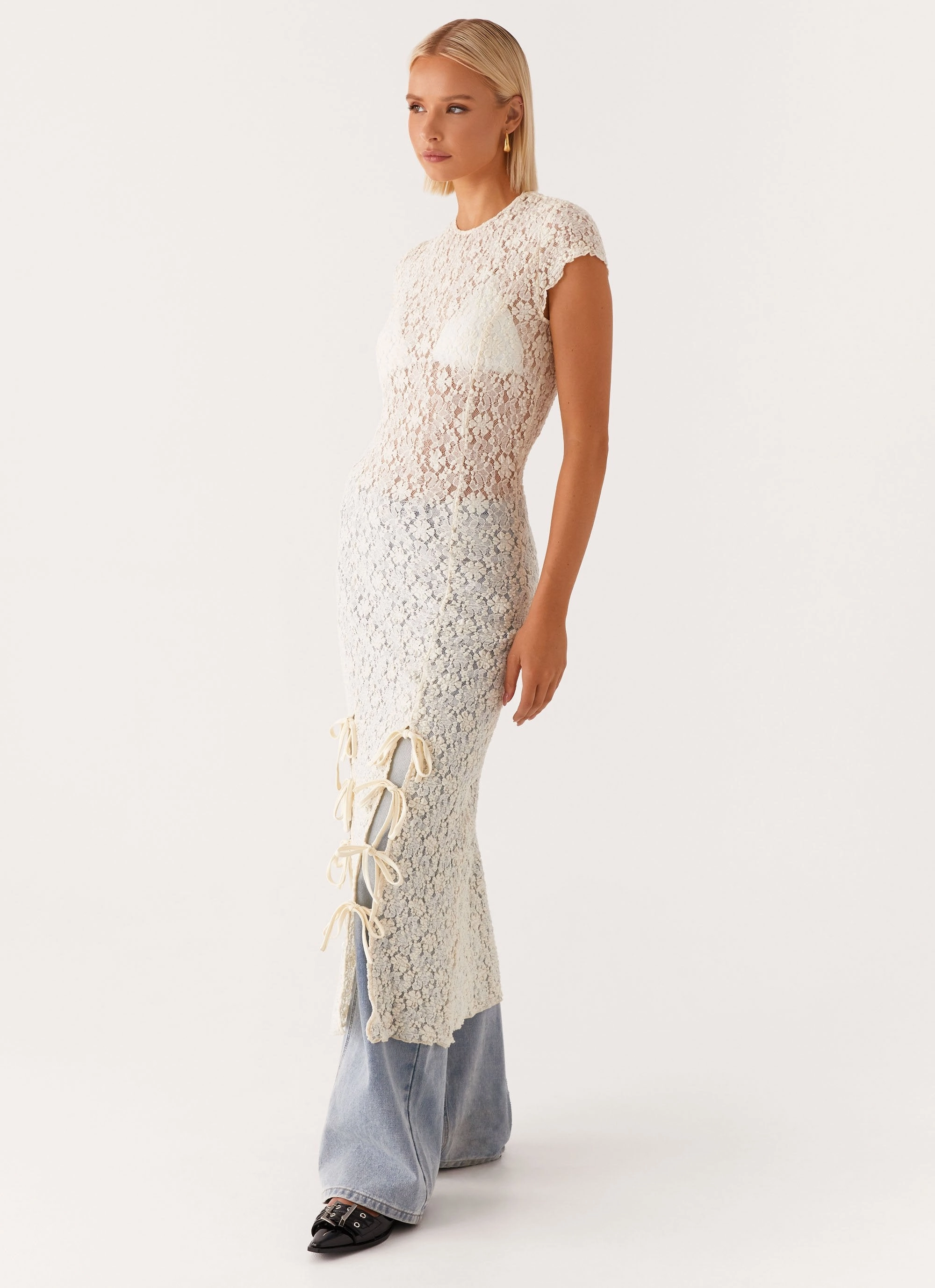 Gisele Lace Midi Dress - Ivory Rhinestone-Detail