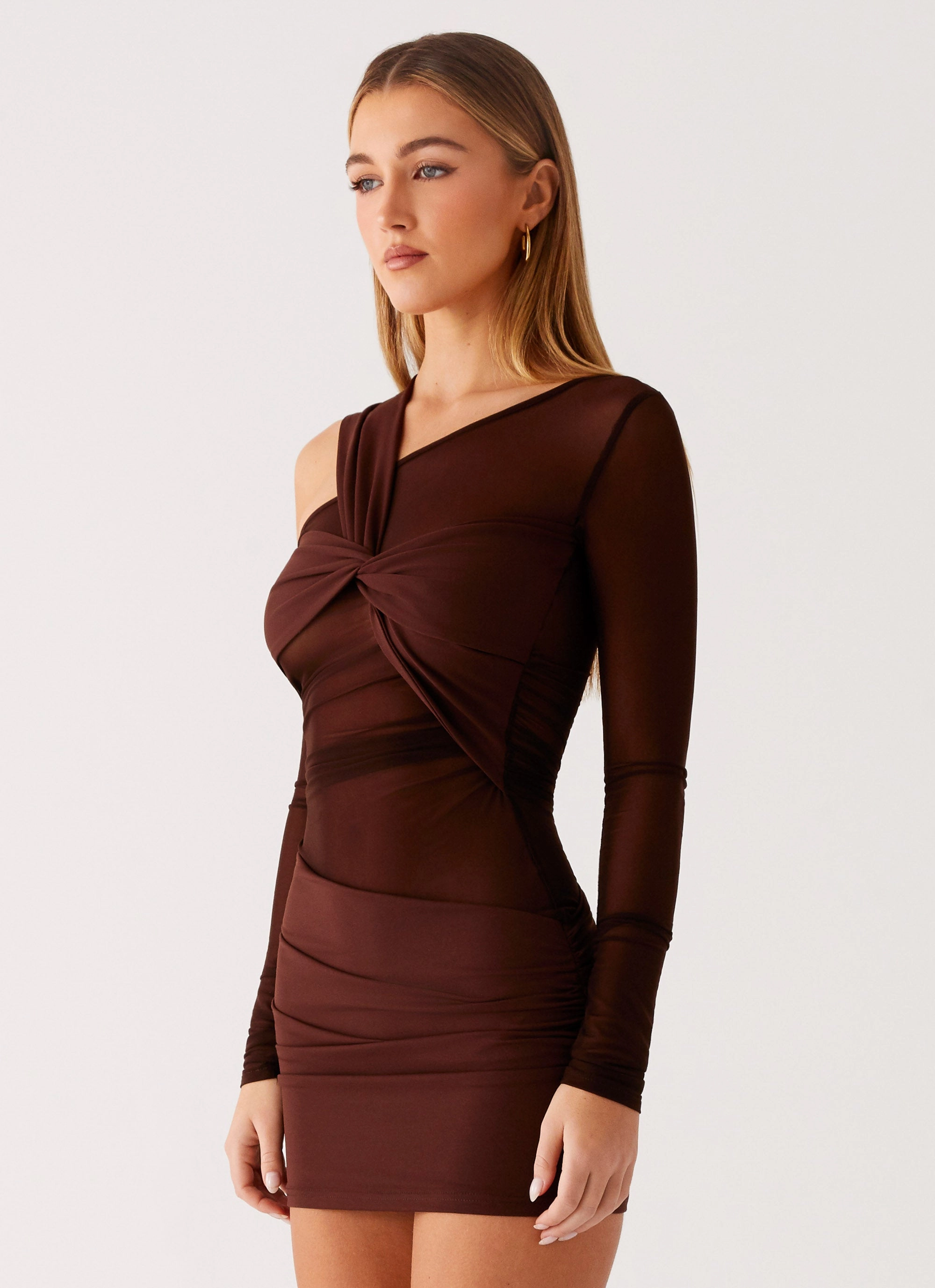 Ophelie Asymmetric Long Sleeve Mini Dress - Chocolate Soft Wear Timeless Design