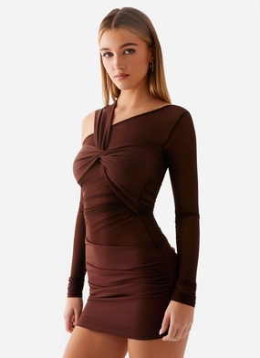 Ophelie Asymmetric Long Sleeve Mini Dress - Chocolate Trendy Appearance