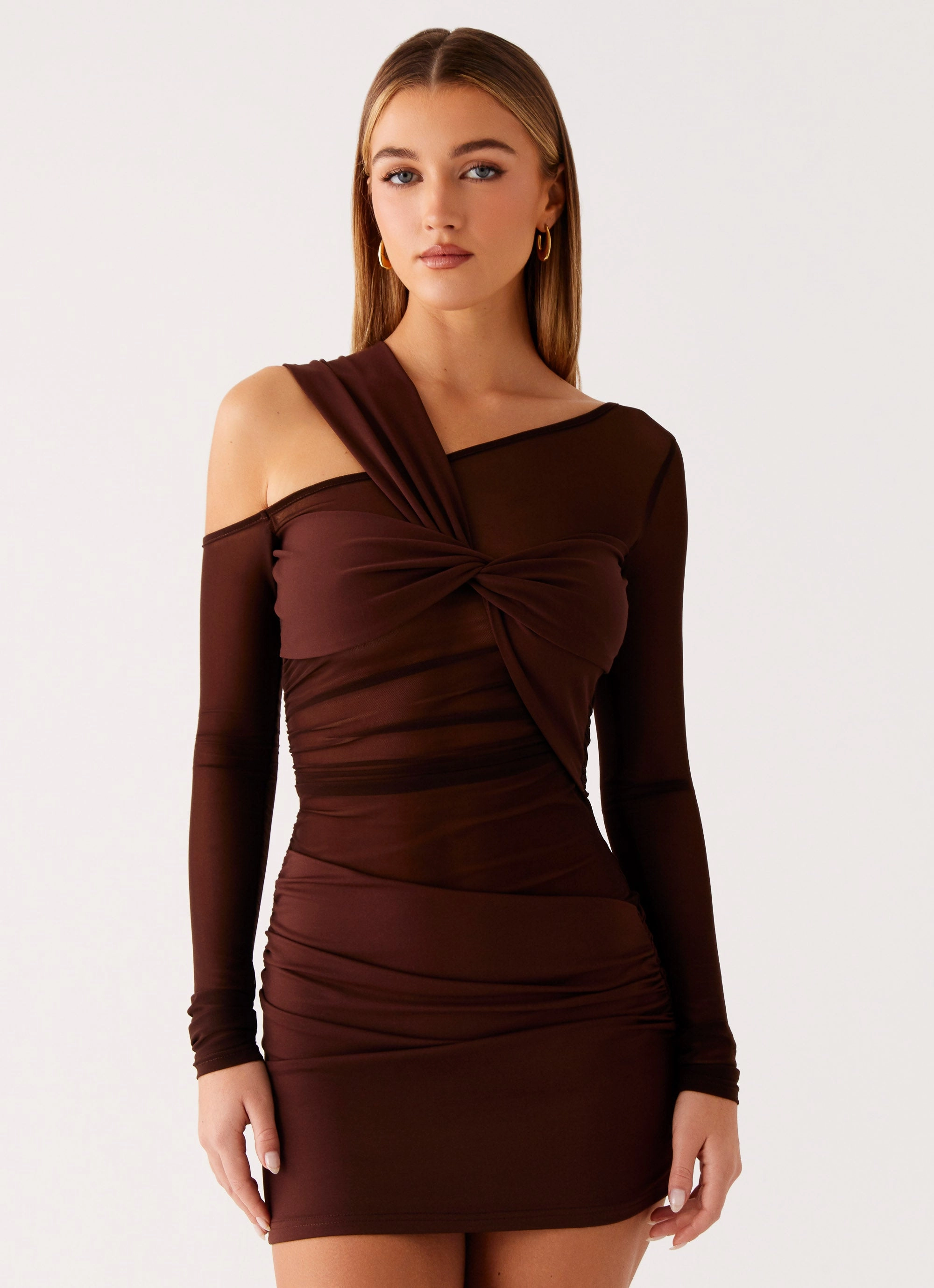 Fair-Trade Casual event outfit Ophelie Asymmetric Long Sleeve Mini Dress - Chocolate