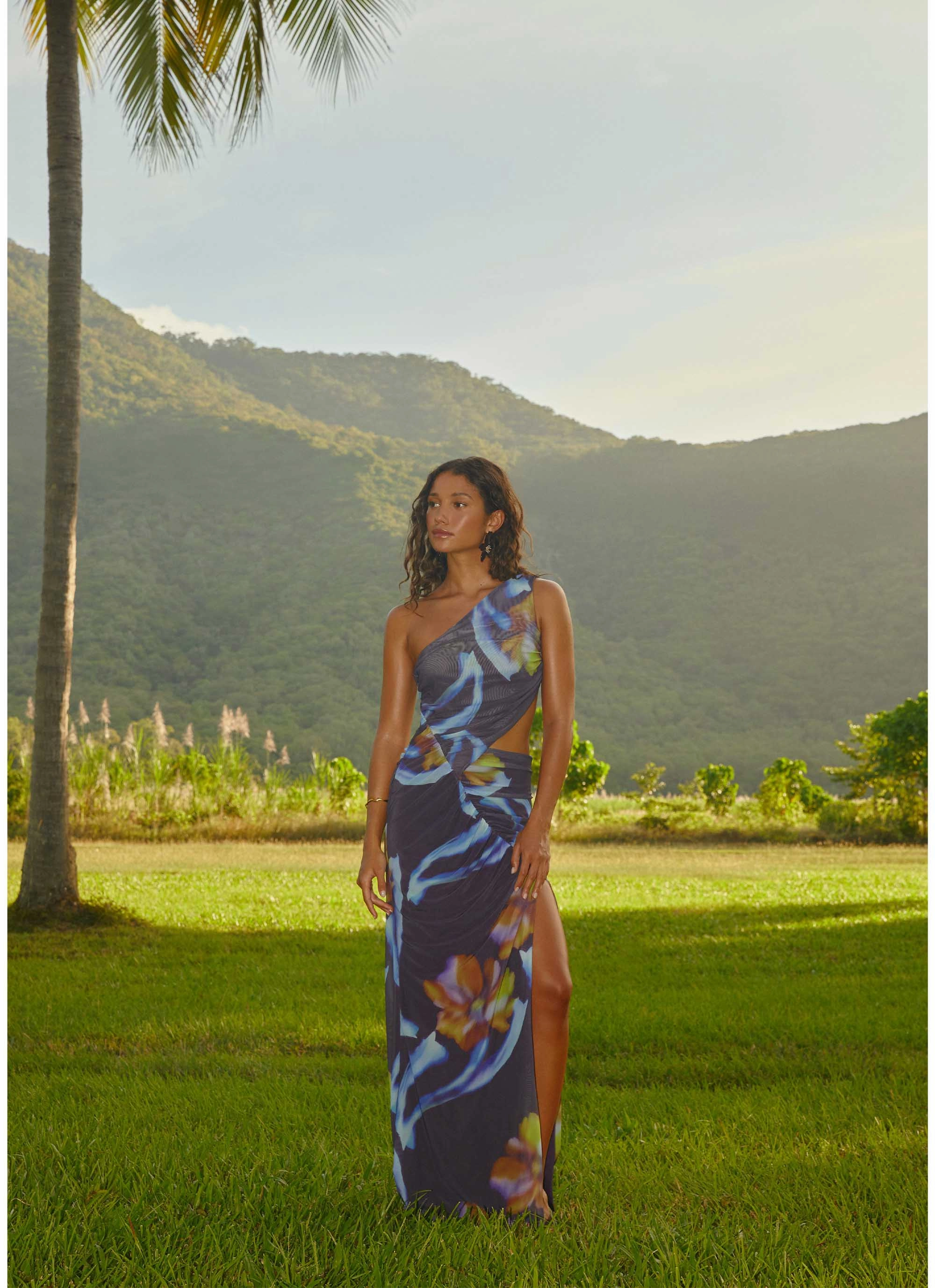Zanzibar Maxi Dress - Dark Floral Flowing Fit Elegant Silhouette