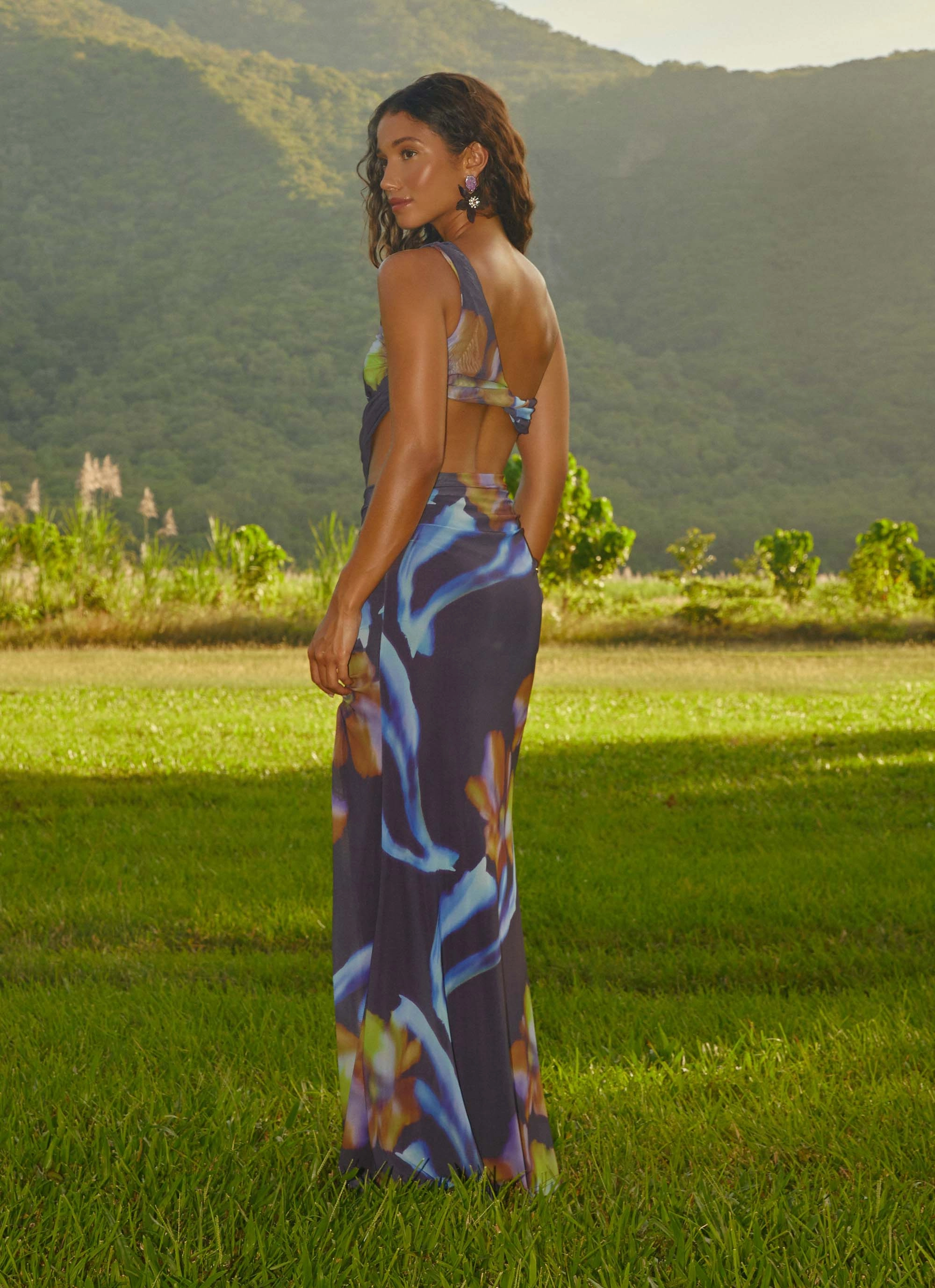 Zanzibar Maxi Dress - Dark Floral Gathered Skirt High Neck