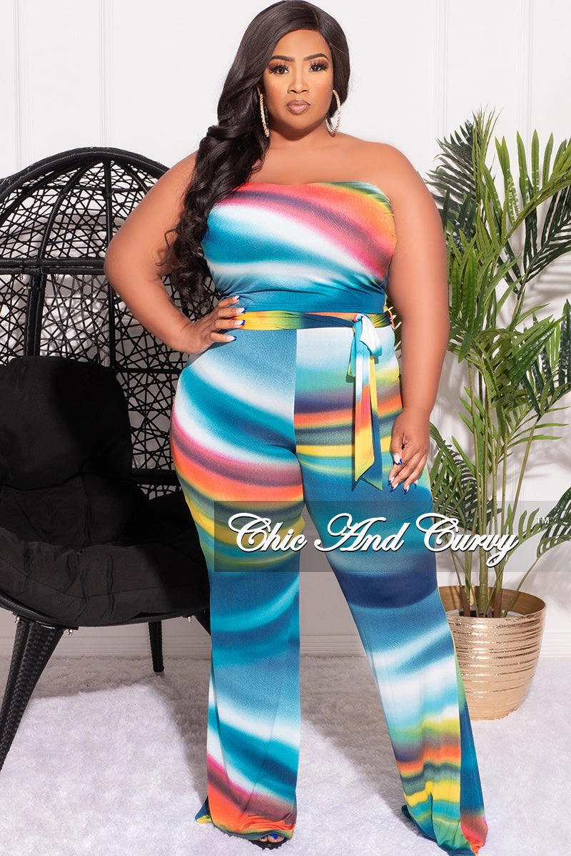 Final Sale Plus Size 2pc Set Tube Top and Belted Pants in Multi-Color Print Dynamic Motion