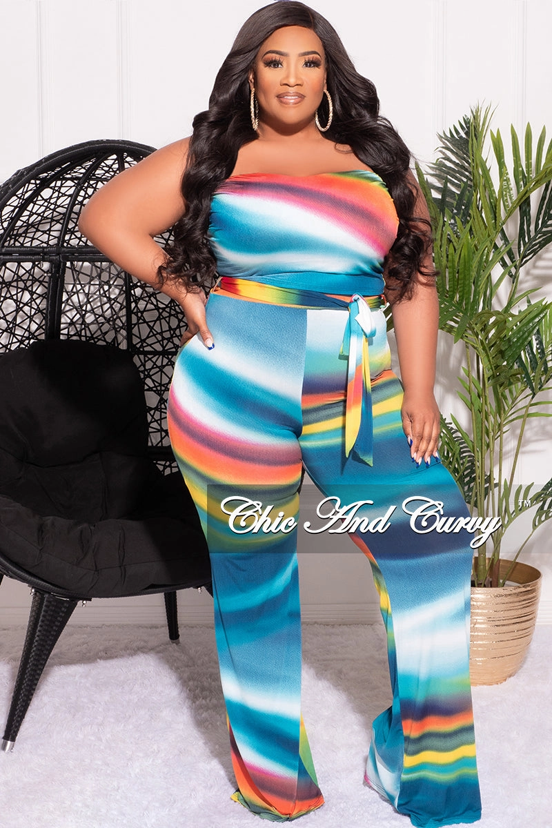 Final Sale Plus Size 2pc Set Tube Top and Belted Pants in Multi-Color Print Flexible Ankle Cuffs