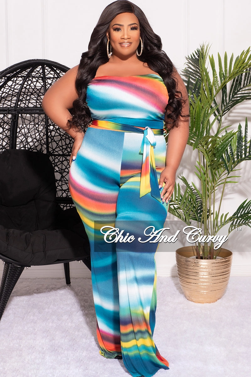 Final Sale Plus Size 2pc Set Tube Top and Belted Pants in Multi-Color Print Reflective Trim