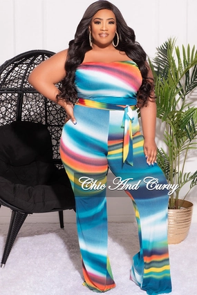 Final Sale Plus Size 2pc Set Tube Top and Belted Pants in Multi-Color Print Flexible Ankle Cuffs