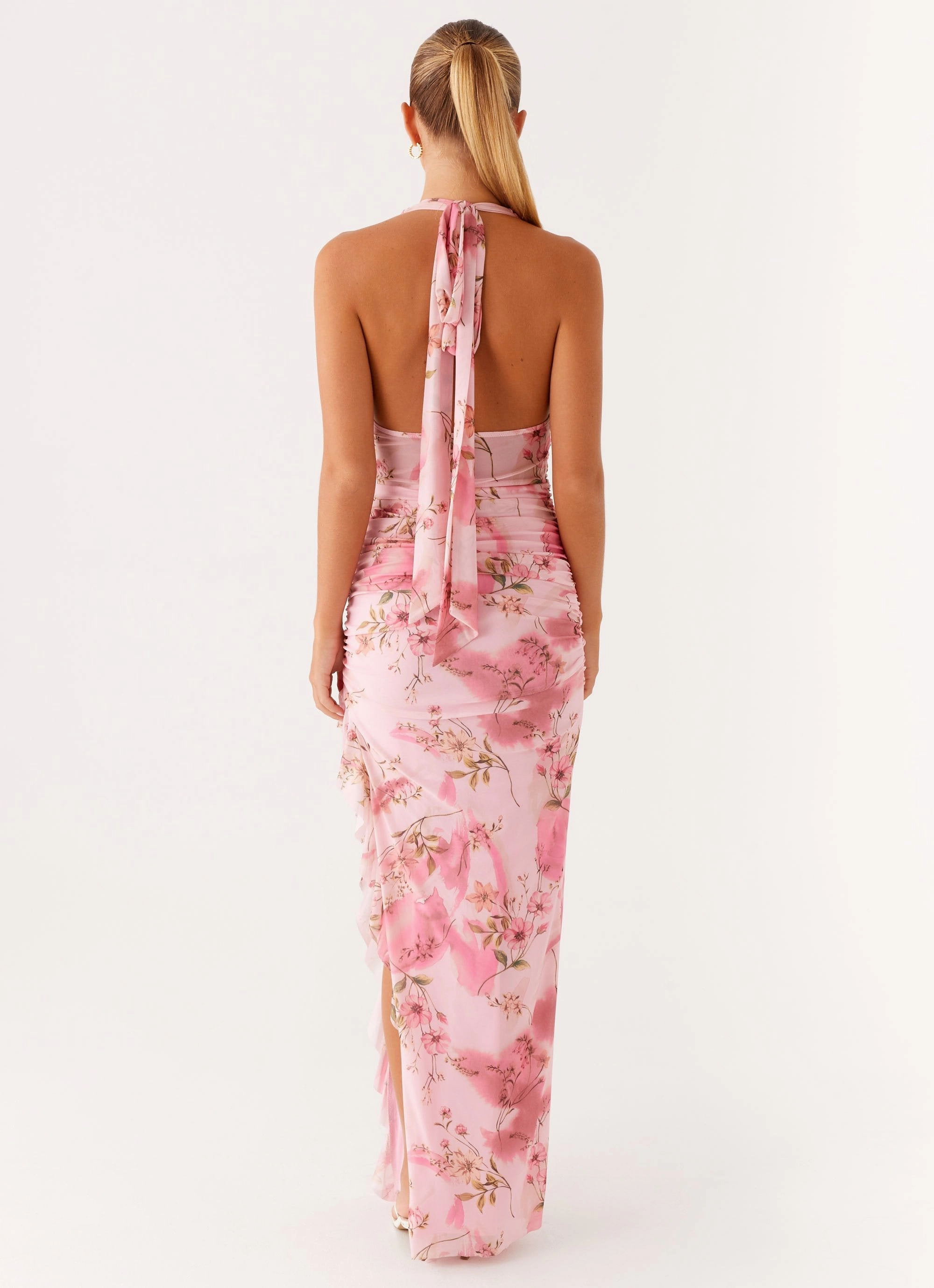 Mesh Soft Micca Halter Maxi Dress - Pink Floral Print