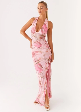 Back Glow Satin-Edge Micca Halter Maxi Dress - Pink Floral Print